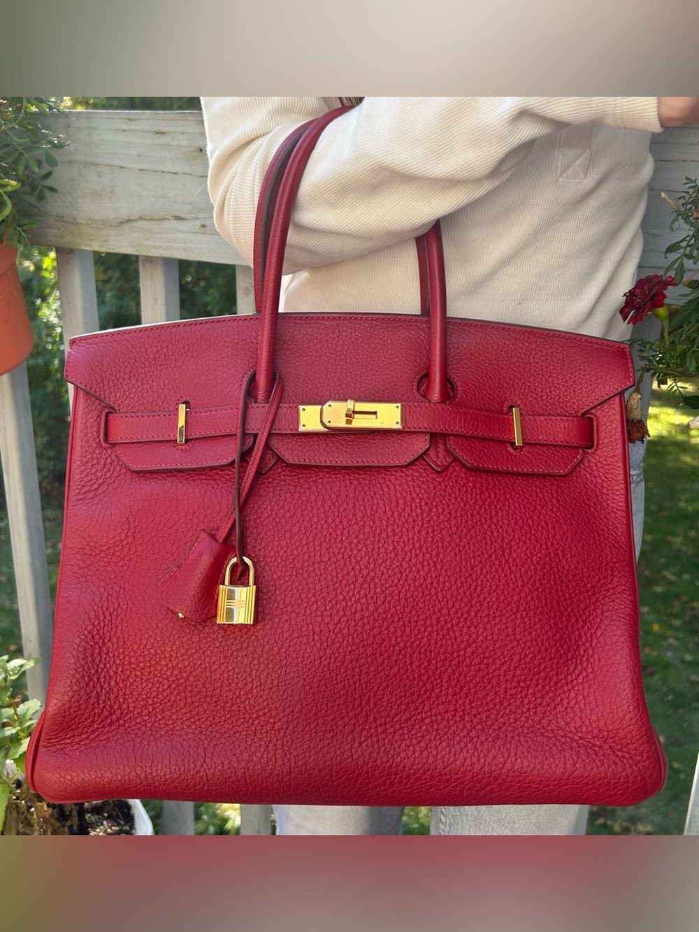 HERMES Birkin 35 Red Rouge Garance Clemence Leather Gold Hardware Handbag